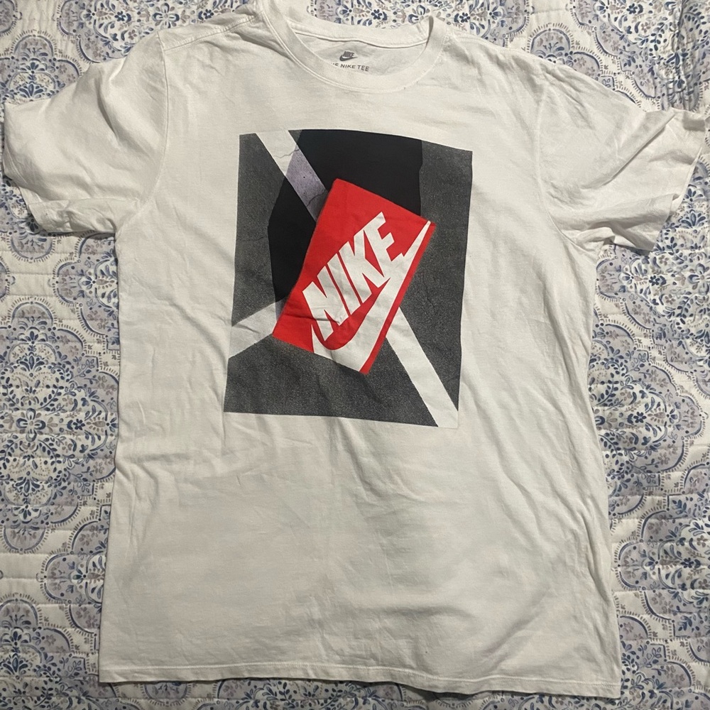 Nike Men's White Tee with Red and Black shoebox Graphic